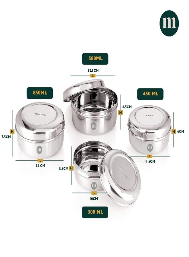MARU Fridge Storage Containers Stainless Steel set of 4 ((250ml, 450ml, 600ml, 850ml) - Small Round Airtight Food Storage Container, Multipurpose Kitchen Boxes for Leftovers Food, Roti, Chapati & Atta - Image 2